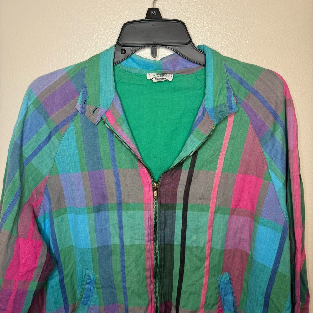 Vintage 80s IZOD Lacoste Madras Plaid Full Zip Bomber Jacket Men’s Medium - Picture 2 of 12